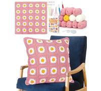 Reessy Pillowcase Crochet Kit, Daisy Granny Squares Crochet Kits for Beginners Adults with Wool and Instruction, Easy Crochet Starter Kit for Adults Learn to Crochet Granny Square Pillowcase
