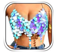 REETAN Sparkly Sequin Bra Top Iridescent Body Chain Rave Outfit for Women, Blue, One Size
