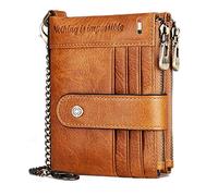 REETEE Mens Wallet RFID Blocking Genuine Leather Wallets Mens Slim Wallet for Men with Chain,Men's Bifold Leather Wallet 19 Credit Card Holder and Zipper Coin Pocket（Brown）