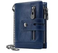 REETEE Mens Wallet RFID Blocking Men's Genuine Leather Wallet and Zipper Coin Pocket Bifold Purse with Chain 16 Credit Card Holder Genuine Leather Gents Wallets Slim Purse (Navy Blue)