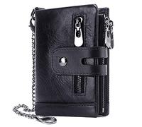 REETEE Mens Wallet RFID Blocking Men's Genuine Leather Wallet and Zipper Coin Pocket Bifold Purse with Chain 16 Credit Card Holder Genuine Leather Gents Wallets Slim Purse (Black)