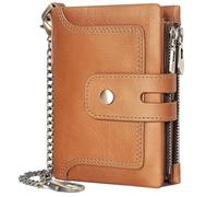 REETEE Mens Wallet RFID Blocking Wallet for Men Genuine Leather Wallets Mens with Chain,Bifold Men's Wallets with 15 Card Holder and Coin Pocket Zip,with Gift Box (A-Brown)