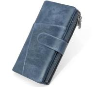 REETEE Women's Large PU Leather Purse Women's Long Format Purse Women RFID Blocking Purse Ladies with Large Zip Coin Compartment Many Compartments and 23 Card Slots, blue, 19.5*9.5*3cm, Retro