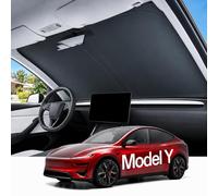 REEVAA 2025 Upgraded Tesla New Model Y (Juniper) Sunshade Windshield [Tailored Fit, 99% Sun Protection] Foldable Sun Shade Accessories with Storage Bag for Model Y 2016-2026, Silver Coating