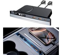 REEVAA Upgrade USB Charger Hub for Tesla Model Y 2021-2024 (Not Fit 2025 New Y Juniper) [GaN Tech, Ultra Safe], Center Console 4-Port Fast Charger Accessories with Retractable Cable