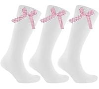 REEVE 3 X Pairs Girls Children's Gingham Check Bow White Knee High Socks Long Back School (Pink, Shoe Size 4-6.5 (11+ Yrs))