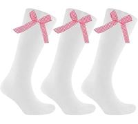 REEVE 3 X Pairs Girls Children's Gingham Check Bow White Knee High Socks Long Back School (Red, 4-7 Years)