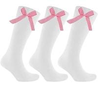 REEVE 3 X Pairs Girls Children's Gingham Check Bow White Knee High Socks Long Back School (Red, Shoe Size 4-6.5 (11+ Yrs))