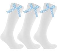 REEVE 3 X Pairs Girls Children's Gingham Check Bow White Knee High Socks Long Back School (Sky Blue, Shoe Size 9-12 (4-7 Yrs))