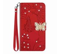 Reevermap Honor 70 Case Glitter Crystal PU Leather Cover for Honor 70, Protective Flip Wallet Embossed Butterfly & Flower Shiny Magnetic Clasp Bumper with Kickstand, Red