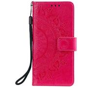 Reevermap iPhone 12 Flip Case, PU Leather & TPU, Rose Red, Floral Mandala, Kickstand
