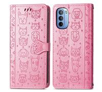 Reevermap Motorola Moto G31 Case Wallet PU Leather Case, Flip Card Holder with Embossed Cat & Dog Kickstand Magnetic Clasp Phone Cover for Motorola Moto G31, Pink
