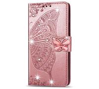 Reevermap Samsung Galaxy S24 FE Case Glitter Crystal Flip PU Leather Phone Cover for Samsung Galaxy S24 FE, Shockproof Wallet Card Slots Butterfly Gems Bling Shiny Magnetic Clasp Kickstand, Rose Gold