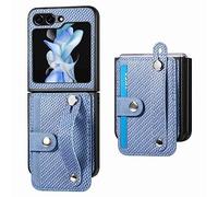 Reevermap Samsung Galaxy Z Flip 5 Case with Wrist Band Ring Holder, Shockproof Wallet Flip Stand Fiber PU Leather Hard PC Interior Card Slots Bumper Case for Samsung Galaxy Z Flip 5 5G Blue