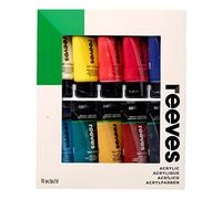 Reeves Acrylic Paint Set - Highly Pigmented Colours - Water-Based Colour Paints for Artists - Art Supplies for Adults & Kids - Suitable for Canvas, Fabric, Metal & More - 10 x 75ml Pack