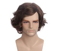 Reeves Men's Short Brown 80s Wig - Natural Synthetic Full Wig with Hat - Hippie Style