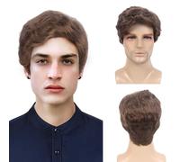 Reewes Men's Light Brown Wig - Short Curly Layered Wave Natural Synthetic Full Wig for Daily Party Costs Cosplay Wear