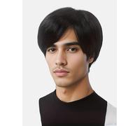 REEWES Men's Short Curly Wig with Fringe, Natural Synthetic Full Wig for Daily Party, Costume, Cosplay Wear (Brown Black) 12 Inches
