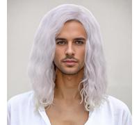 Reewes Men's Wigs Long Men's Wigs Curly Wave Layered Hair with Cap Grey Synthetic Hair Wig Natural Hair Wig for Male Daily Costume Cosplay