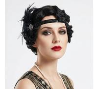 Reewes Short 1920s Finger Wave Curly Short Wig Vintage Ladies Synthetic Full Wigs Cosplay Costume Fancy Dress Flapper Wig (Black)