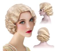 REEWES Short 1920s Wig Finger Wave Wig Curly Short Wig Vintage Wigs for Women Women Synthetic Full Wigs Cosplay Costume Fancy Dress Flapper Wig (Blonde)