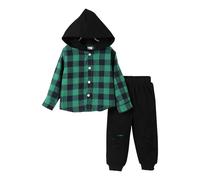 Refein Boys Clothes Kids Clothing Sets Long Sleeve Hoodie Sweatshirt Plaid Button Down Tops Trousers Tracksuits 18-24M Green