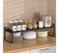 Refein Expandable Cabinet Organizer Shelf, Extendable Kitchen Cupboard Storage Organiser Shelf Spice Rack Durable Carbon Steel for Home Kitchen Countertop Pantry (Black)