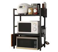 Refein Expandable Microwave Shelf for Kitchen, 3 Tier Microwave Oven Rack Stand Storage Shelves, Countertop Organiser with Hooks/Cutting Board Holder/Knife Holder/Cutlery Box, Black