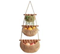 Refein Jute Kitchen Hanging Baskets - 3 Tier Hanging Fruit Basket Woven Wall Basket for Vegetable Onion Potato Storage with 2 Hooks (Brown)