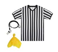 Referee Shirt, Referee Costume Men Women Unisex Black White Stripe V-Neck Ref Uniform with Penalty Flag and Stainless Steel Whistle for Football Basketball Soccer Sport Halloween Cosplay Outfit, Small