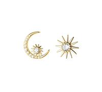 Reffeer Solid 925 Sterling Silver CZ Moon Star Earrings Stud for Women Earrings Moon Sun Studs Earrings Asymmetric (B-18K Gold Plated)