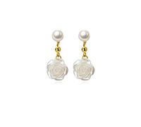 Reffeer Solid 925 Sterling Silver Flower Drop Earrings Dangle for Women Earrings Pearl Flower Drop Earrings Camellia (B-18K Gold Plated)