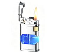 Refillable Butane Lighter, Side-Sliding Gear Ignition, Transparent Window, Adjustable Flame, Portable Metal Body.(B)