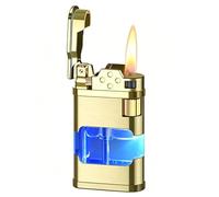 Refillable Butane Lighter, Side-Sliding Gear Ignition, Transparent Window, Adjustable Flame, Portable Metal Body.(C)
