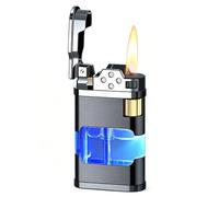 Refillable Butane Lighter, Side-Sliding Gear Ignition, Transparent Window, Adjustable Flame, Portable Metal Body.(A)