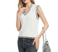 RefindWin Women Argyle Plaid Sweater Pullover Jumper Long Sleeve Autumn Winter Sweater Top V-Neck Sweater, White 2, L