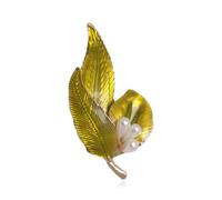 Refined Green Enamel Leaf Brooch Pin for Women - Gold Plated Floral Lapel Pin with Shell Pearls - Great Gift for Any Occasion