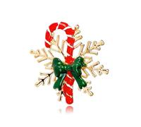 Refined Red Green Christmas Candy Cane Brooch Pin for Women - Gold-Toned Snowflake Stick Bow Lapel Pin - Festive Jewelry Accessory for Festival Season