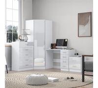 Reflect 1 Door Corner Wardrobe, 5 Drawer Chest, 2 Drawer Bedside & Desk - White Gloss & Matt White - Bedroom Furniture Set