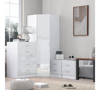 Reflect 1 Door Corner Wardrobe, 5 Drawer Chest, 2X 2 Drawer Bedsides - White Gloss & Matt White - Bedroom Furniture Set
