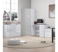 Reflect 1 Door Corner Wardrobe, 6 Drawer Chest, 2 Drawer Bedside, Desk - White Gloss & Matt White - Modern Bedroom Furniture Set