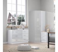 Reflect 1 Door Corner Wardrobe, 6 Drawer Chest, 3 Drawer Bedside - White Gloss & Matt White - Bedroom Furniture Set