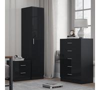 Reflect 1 Door Plain Wardrobe, 5 Drawer Chest, 2 Drawer Bedside - Black Gloss & Black Oak - Bedroom Furniture Set