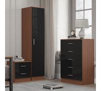 Reflect 1 Door Plain Wardrobe, 5 Drawer Chest, 2 Drawer Bedside - Black Gloss & Walnut - Bedroom Furniture Set