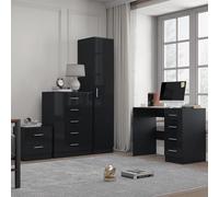 Reflect 1 Door Plain Wardrobe, 5 Drawer Chest, 2 Drawer Bedside & Desk - Black Gloss & Black Oak - Bedroom Furniture Set