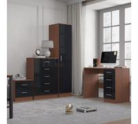 Reflect 1 Door Plain Wardrobe, 5 Drawer Chest, 2 Drawer Bedside & Desk - Black Gloss & Walnut - Bedroom Furniture Set