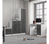 Reflect 1 Door Plain Wardrobe, 5 Drawer Chest, 2 Drawer Bedside & Desk - Grey Gloss & Matt White - Bedroom Furniture Set