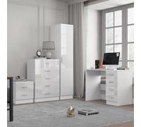 Reflect 1 Door Plain Wardrobe, 5 Drawer Chest, 2 Drawer Bedside & Desk - White Gloss & Matt White - Bedroom Furniture Set
