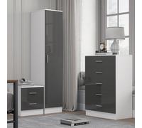 Reflect 1 Door Plain Wardrobe, 5 Drawer Chest, 2 Drawer Bedside - Grey Gloss & Matt White - Bedroom Furniture Set