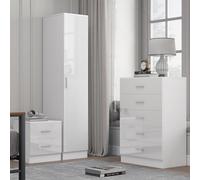 Reflect 1 Door Plain Wardrobe, 5 Drawer Chest, 2 Drawer Bedside - White Gloss & Matt White - Bedroom Furniture Set